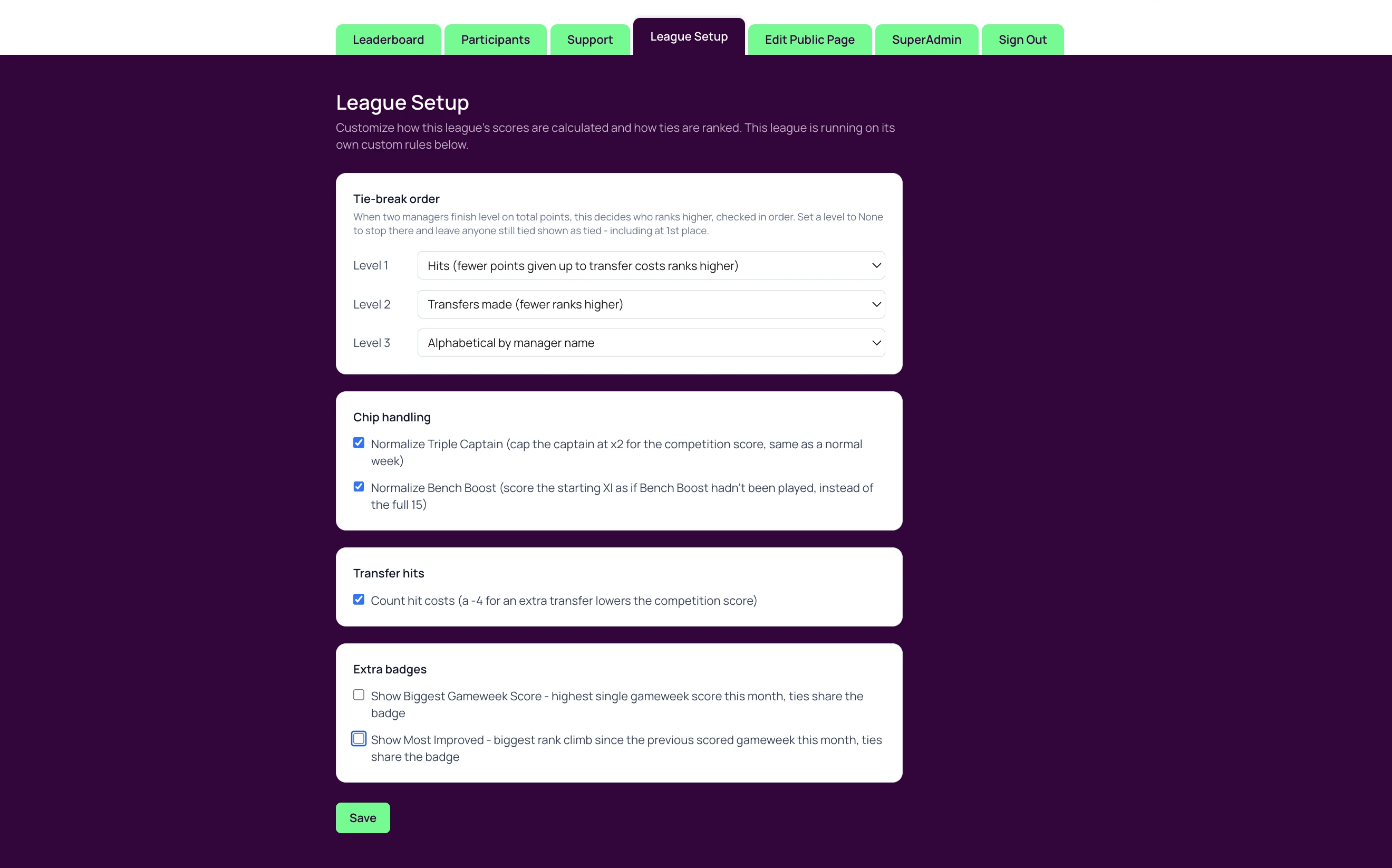 FPL GafferBoard League Setup screen showing customizable scoring and ranking rules